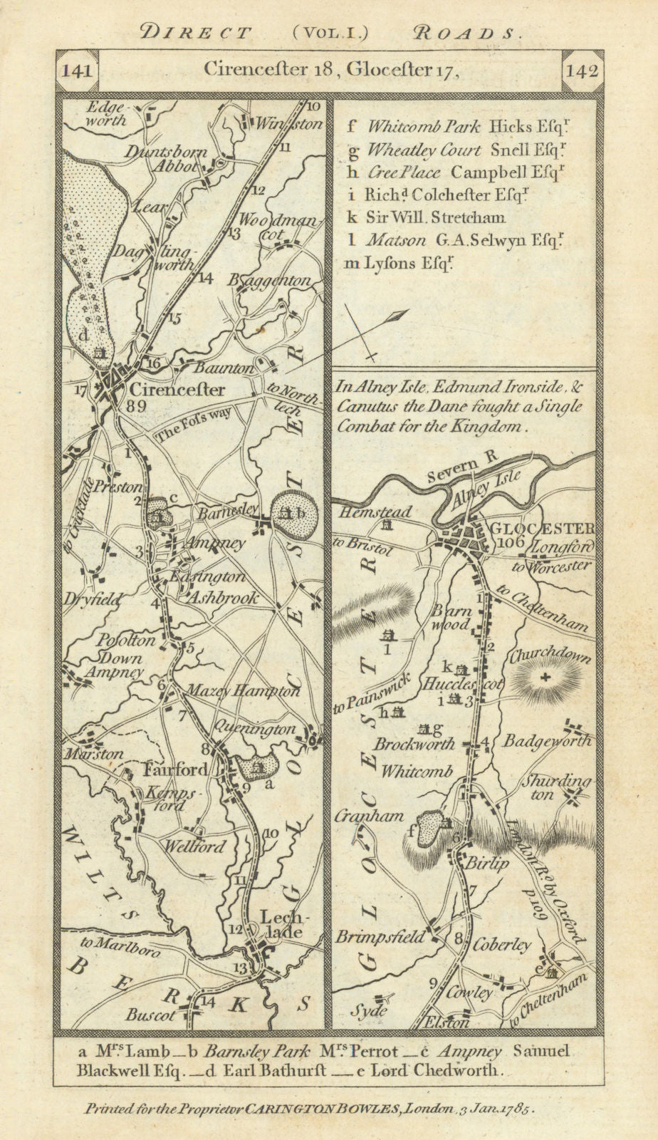Lechlade - Fairford - Cirencester - Gloucester road strip map PATERSON 1785